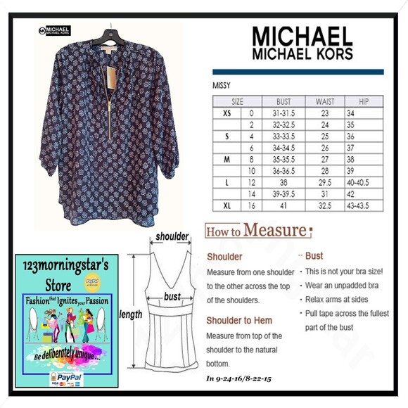 MICHAEL Michael Kors NEW Real Navy Vine-Leaf Zip 3/4 Sleeve Top - Picture 12 of 12